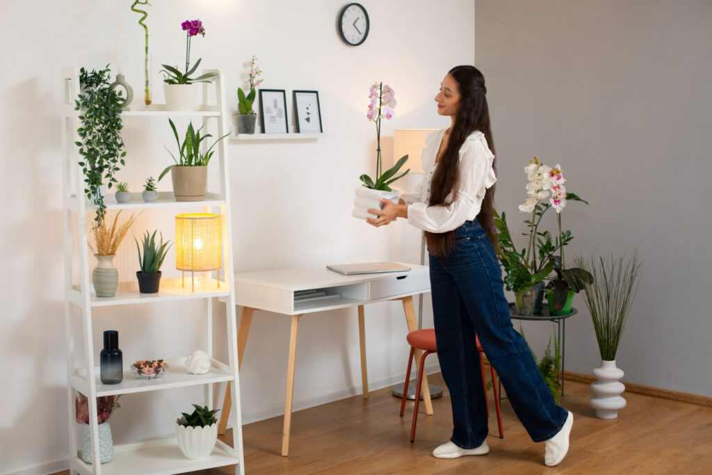 View of a woman decorating her home with an orchid flower for staging.